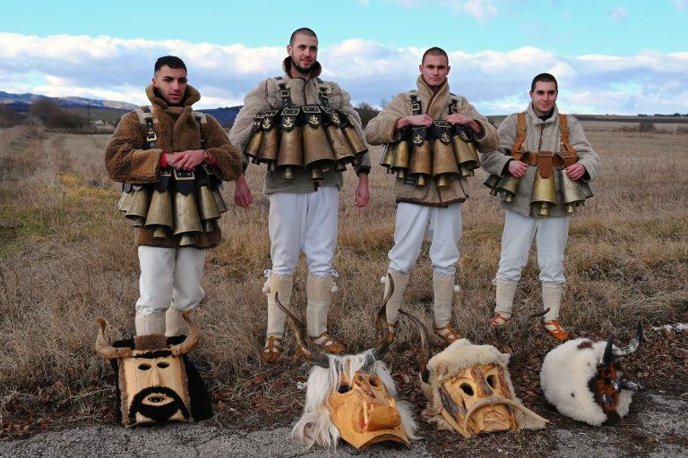 Group of Kukeri with masks down in Bulgaria