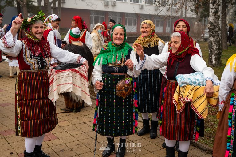 Old ladies in traditional Bulgarian costumes
