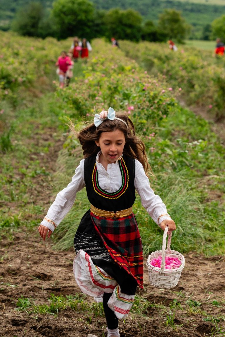 Small girl in traditional costumes running at rose fields