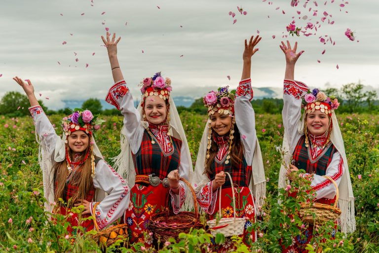 Girls in traditional costumes at Rose Festival Kazanlak Bulgaria
