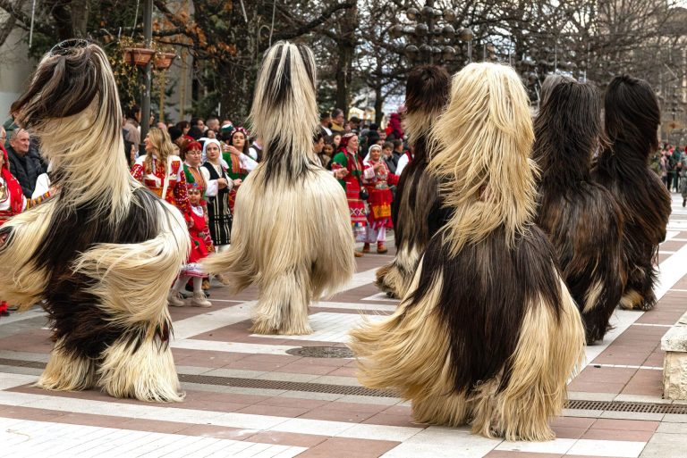 Kukeri, traditional Bulgarian masked performers, photographed during a winter festival in Blagoevgrad