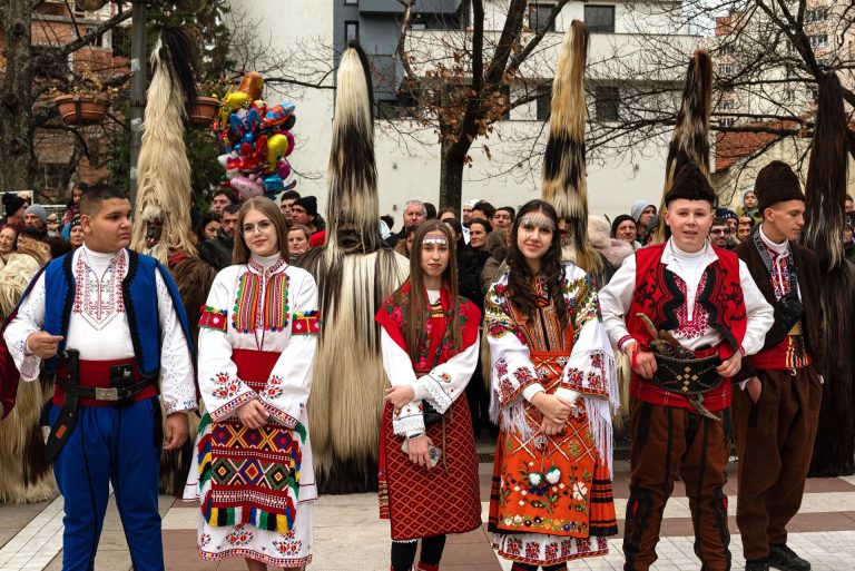 Traditional Bulgarian embroidery and folk costumes photographed at a kukeri festival in Blagoevgrad